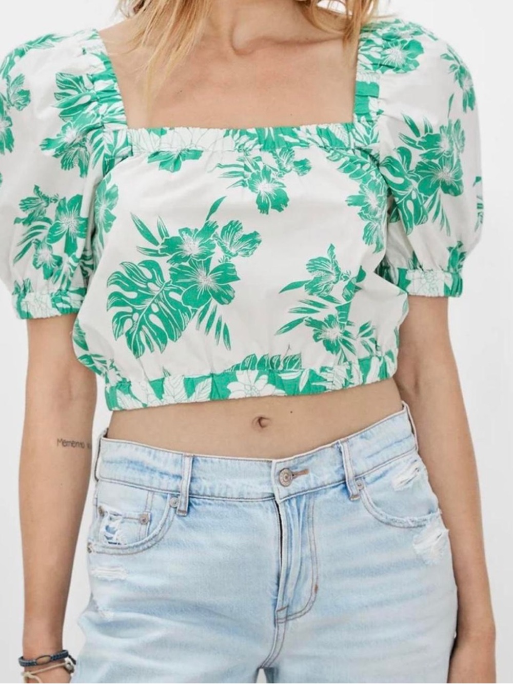 American Eagle Outfitters White Crop Top with Green Floral Print
